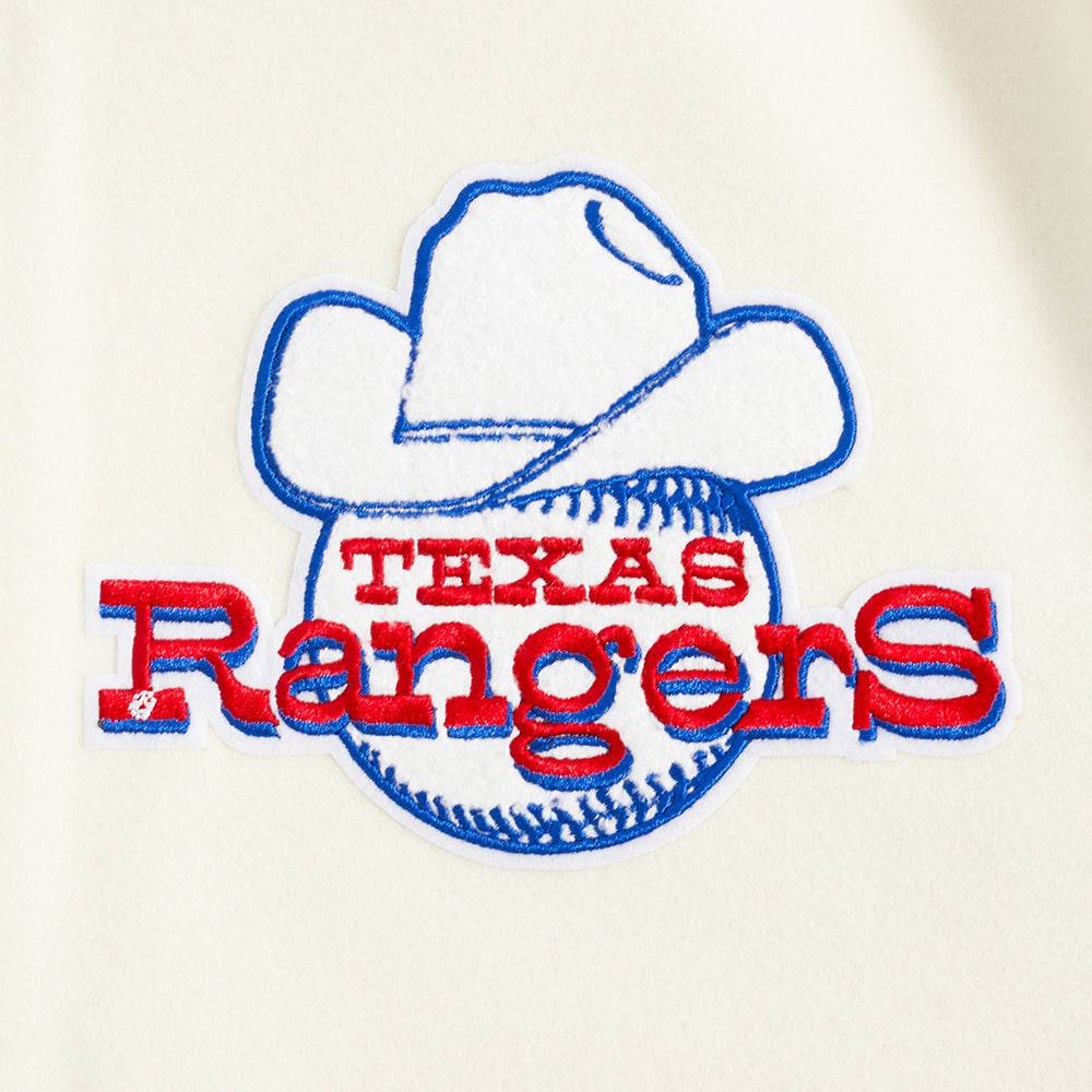 CHAQUETA UNIVERSITARIA DE CANALÉ PARA HOMBRE MLB TEXAS RANGERS RETRO CLÁSICA (BLANCO HUESO/AZUL REAL)