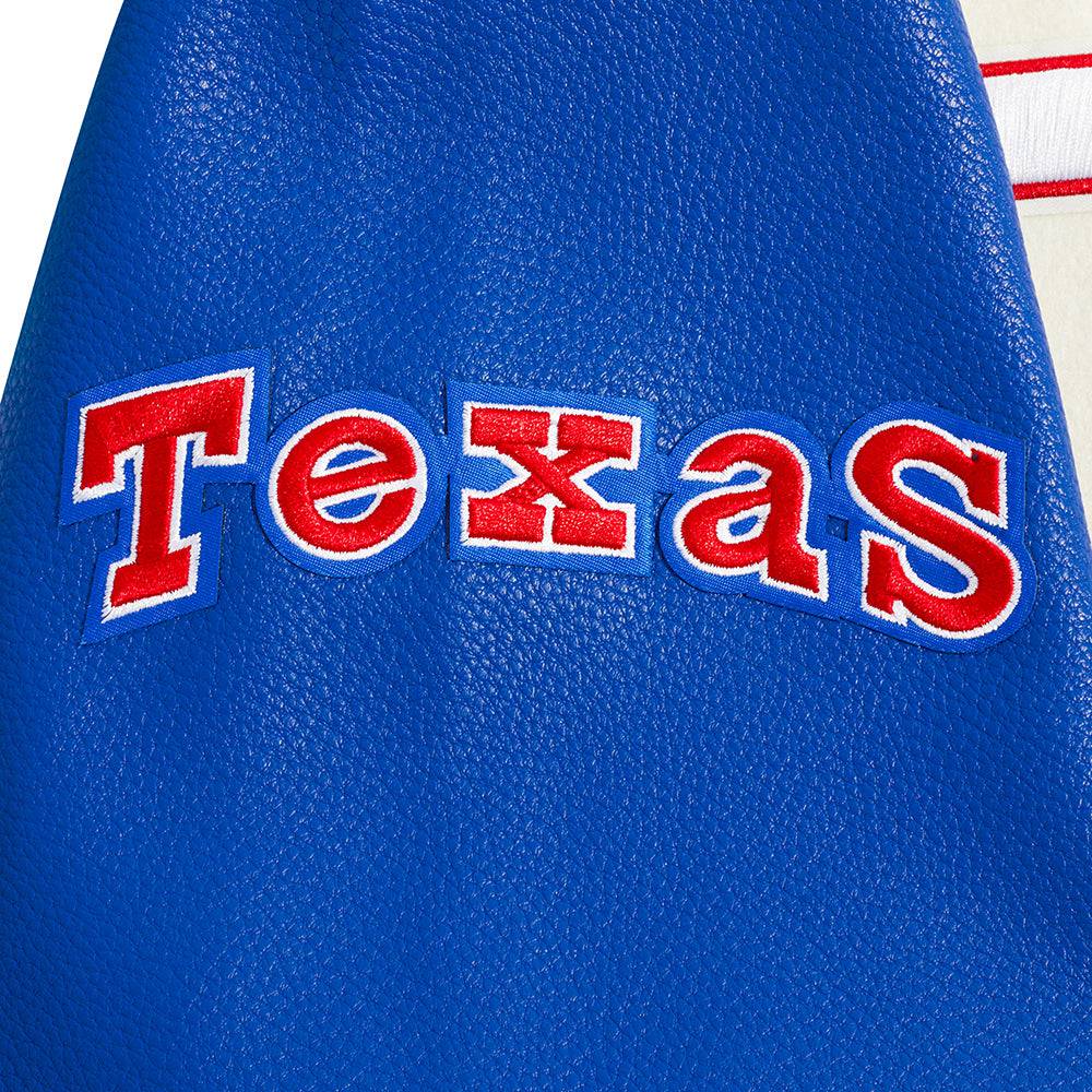 CHAQUETA UNIVERSITARIA DE CANALÉ PARA HOMBRE MLB TEXAS RANGERS RETRO CLÁSICA (BLANCO HUESO/AZUL REAL)