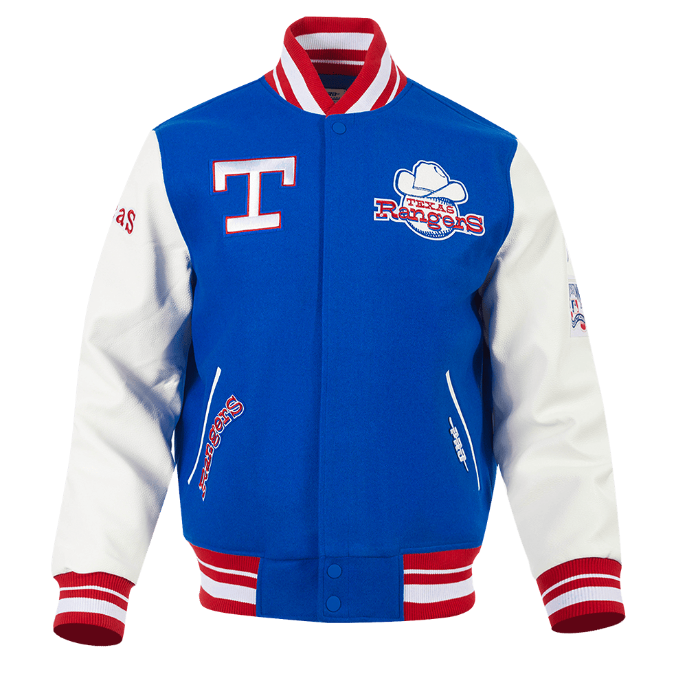 MLB TEXAS RANGERS RETRO CLASSIC MEN'S RIB VARSITY JACKET (ROYAL BLUE/RED)