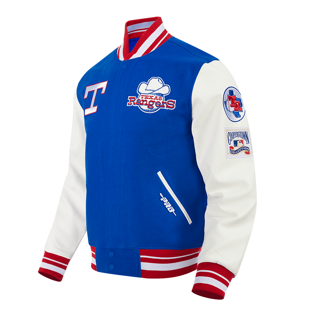 MLB TEXAS RANGERS RETRO CLASSIC MEN'S RIB VARSITY JACKET (ROYAL BLUE/RED)