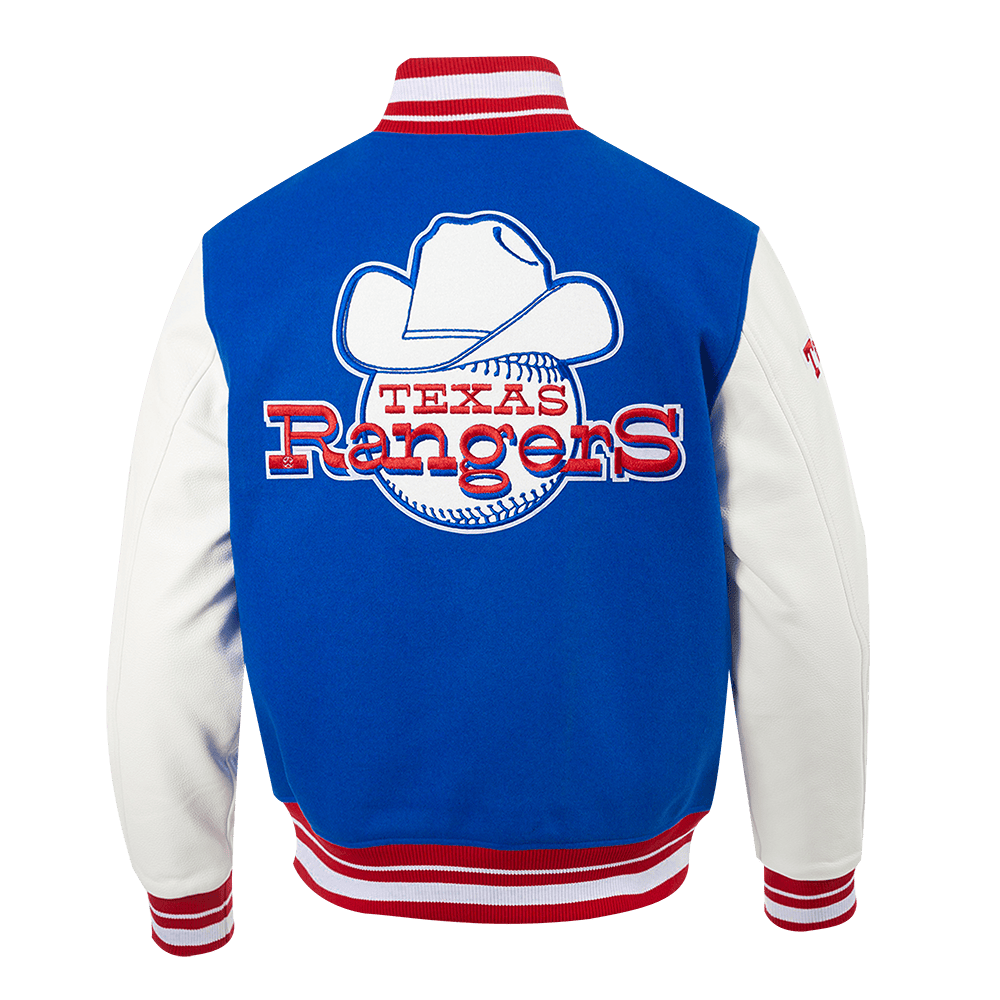 MLB TEXAS RANGERS RETRO CLASSIC MEN'S RIB VARSITY JACKET (ROYAL BLUE/RED)