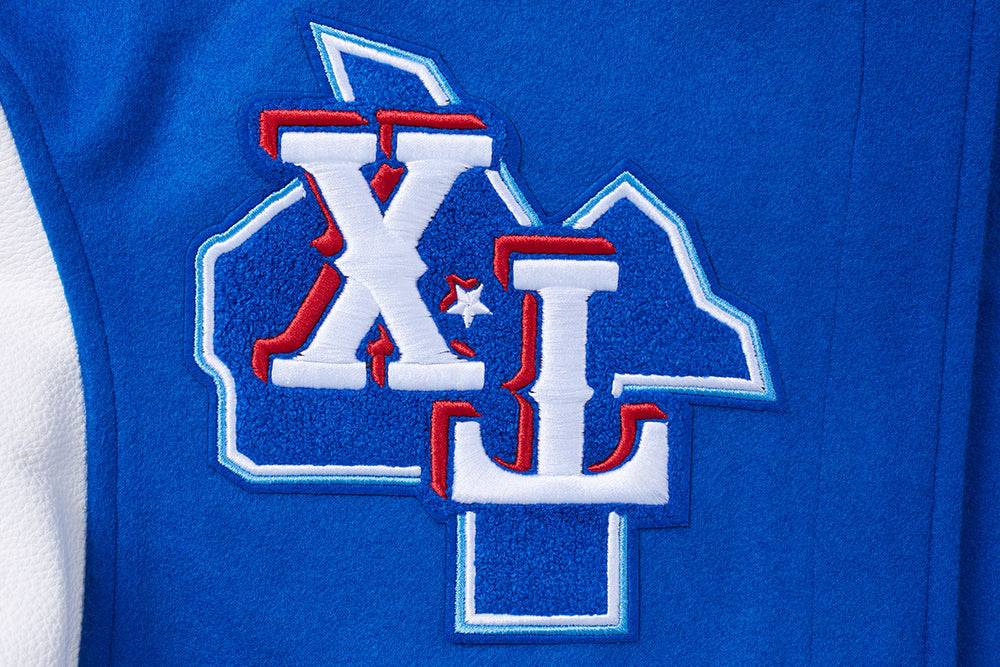 MLB TEXAS RANGERS MASHUP MEN'S RIB WOOL VARSITY JACKET (ROYAL BLUE/RED)