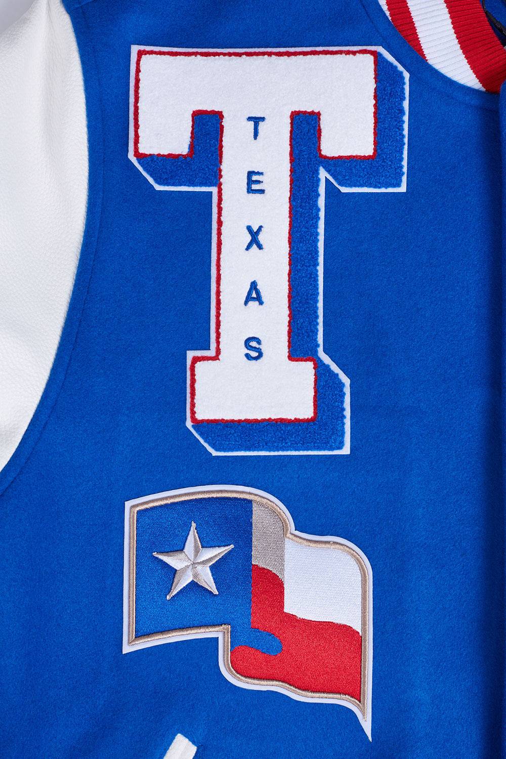 MLB TEXAS RANGERS MASHUP MEN'S RIB WOOL VARSITY JACKET (ROYAL BLUE/RED)