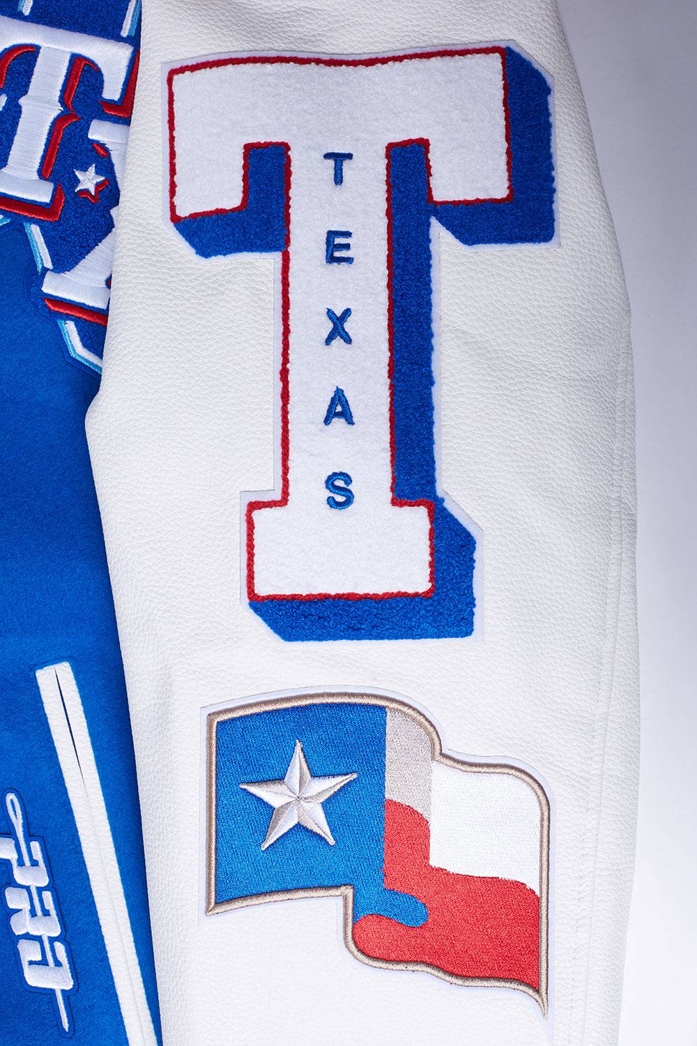 MLB TEXAS RANGERS MASHUP MEN'S RIB WOOL VARSITY JACKET (ROYAL BLUE/RED)