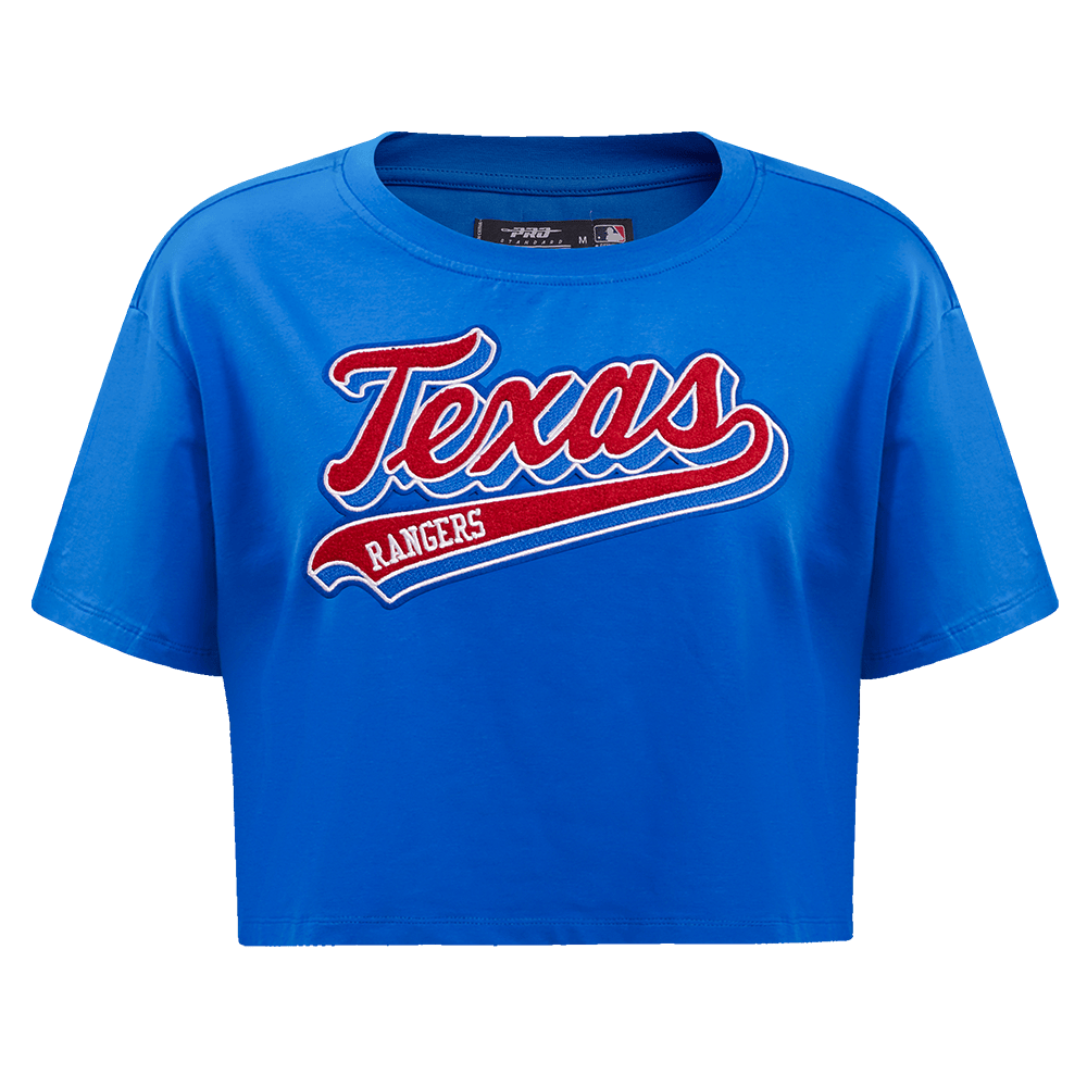 MLB TEXAS RANGERS SCRIPT TAIL WOMEN'S SINGLE JERSEY BOXY TOP (ROYAL BLUE)
