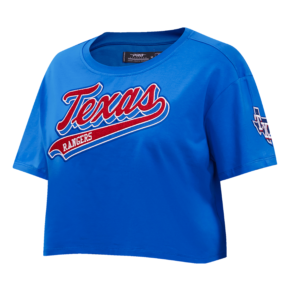 MLB TEXAS RANGERS SCRIPT TAIL WOMEN'S SINGLE JERSEY BOXY TOP (ROYAL BLUE)