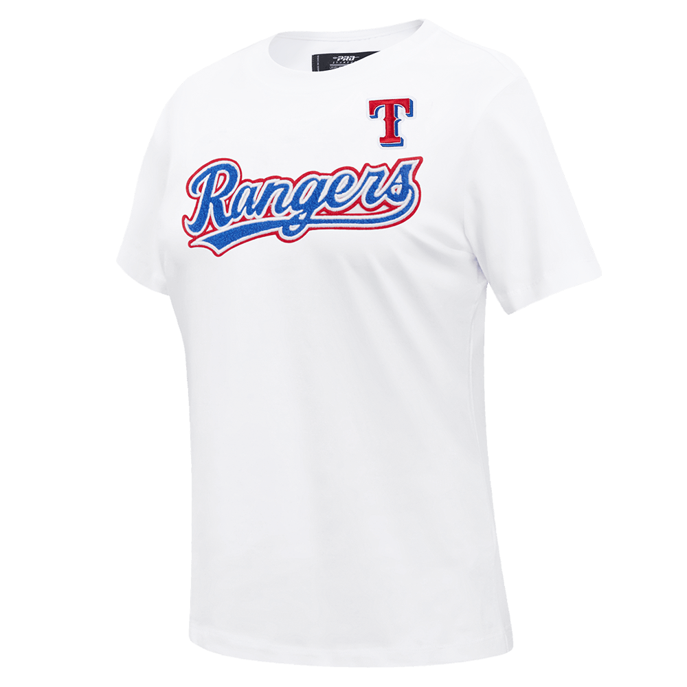 TOP MUJER MLB TEXAS RANGERS CLASSIC DE MANGA CORTA, JERSEY SIMPLE Y CORTE AJUSTADO (BLANCO)