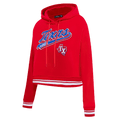 SUDADERA CORTA CON CAPUCHA DE FELPA ACANALADA PARA MUJER MLB TEXAS RANGERS SCRIPT TAIL (ROJA)