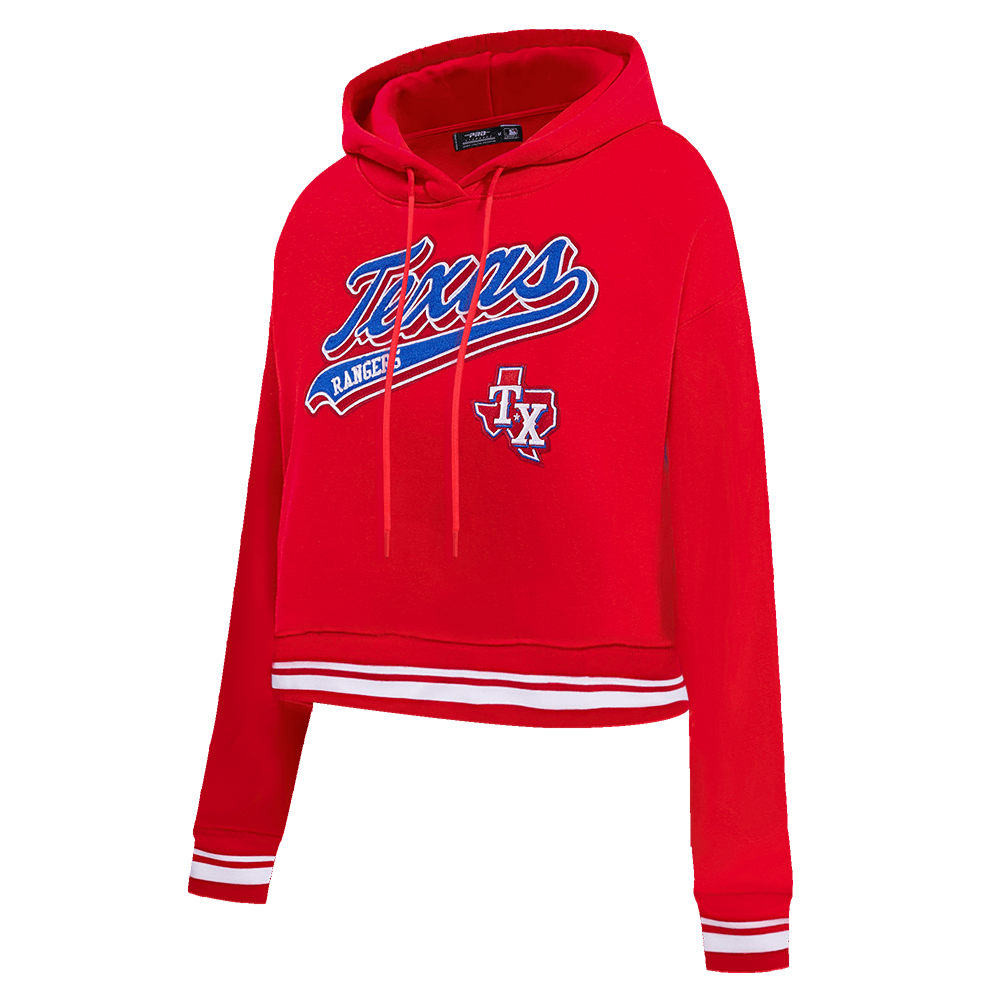 SUDADERA CORTA CON CAPUCHA DE FELPA ACANALADA PARA MUJER MLB TEXAS RANGERS SCRIPT TAIL (ROJA)