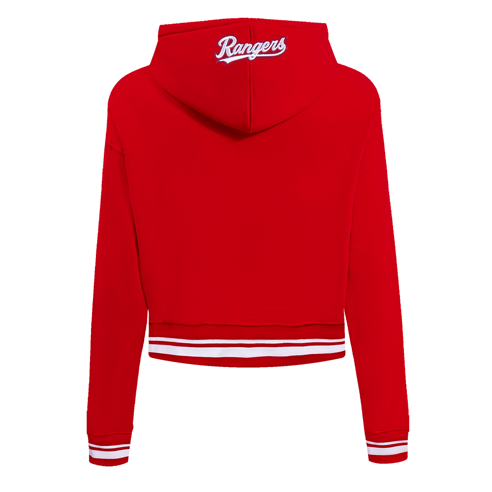 SUDADERA CORTA CON CAPUCHA DE FELPA ACANALADA PARA MUJER MLB TEXAS RANGERS SCRIPT TAIL (ROJA)