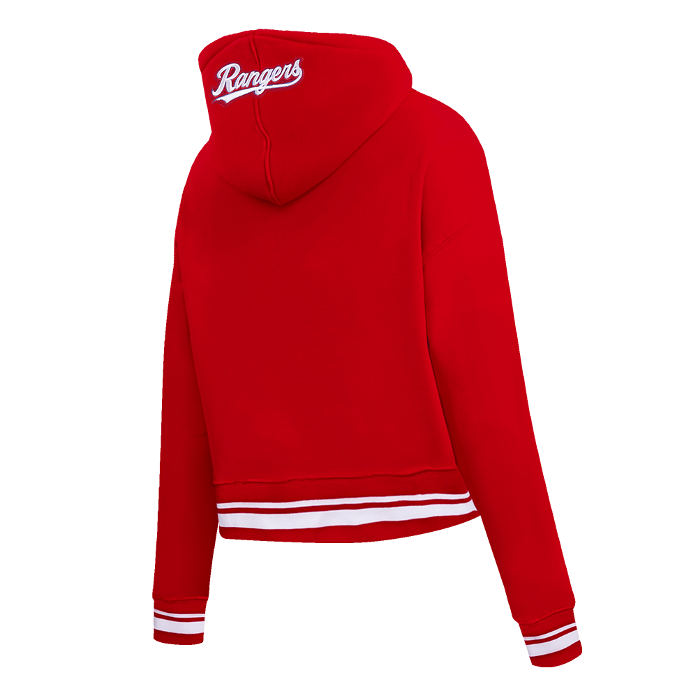 SUDADERA CORTA CON CAPUCHA DE FELPA ACANALADA PARA MUJER MLB TEXAS RANGERS SCRIPT TAIL (ROJA)