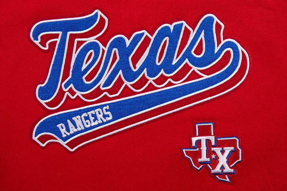 SUDADERA CORTA CON CAPUCHA DE FELPA ACANALADA PARA MUJER MLB TEXAS RANGERS SCRIPT TAIL (ROJA)