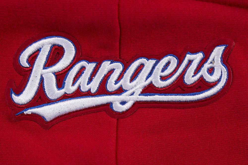 SUDADERA CORTA CON CAPUCHA DE FELPA ACANALADA PARA MUJER MLB TEXAS RANGERS SCRIPT TAIL (ROJA)