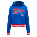 SUDADERA CORTA CON CAPUCHA DE FELPA ACANALADA PARA MUJER MLB TEXAS RANGERS SCRIPT TAIL (AZUL REAL/ROJO)