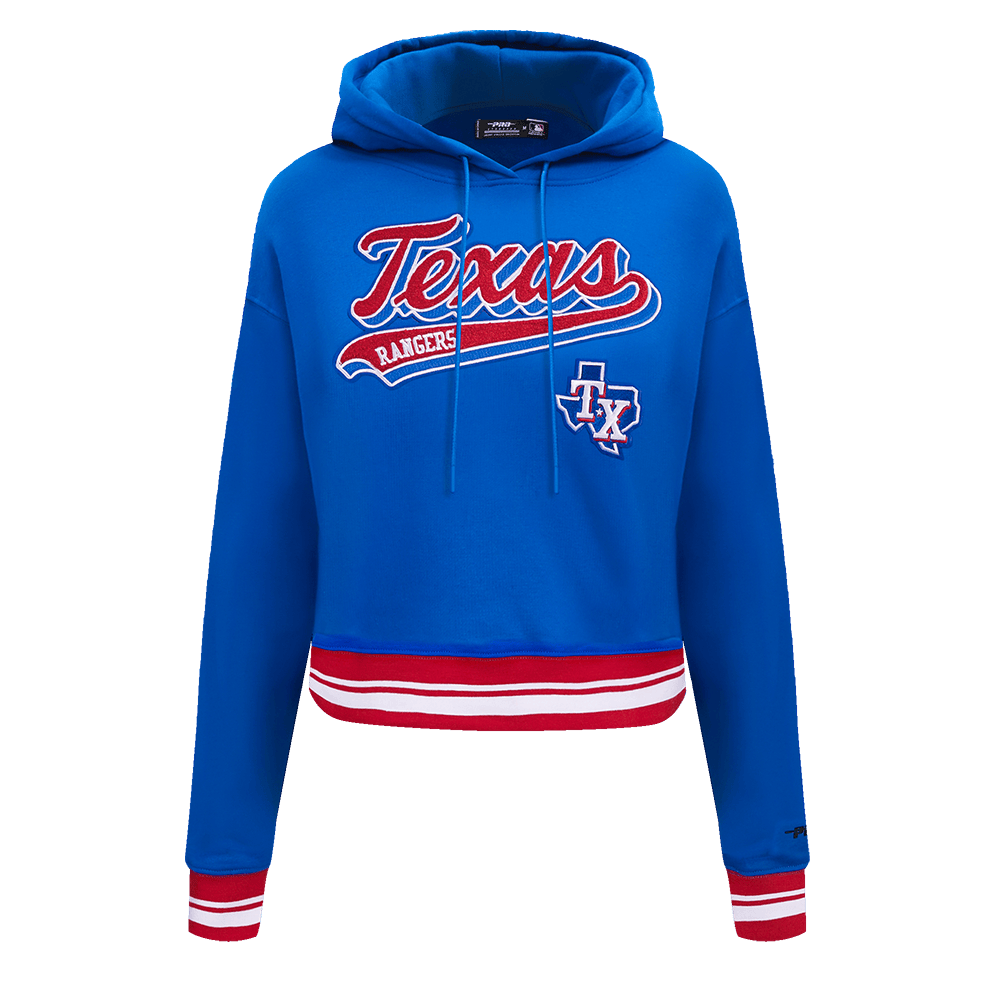 SUDADERA CORTA CON CAPUCHA DE FELPA ACANALADA PARA MUJER MLB TEXAS RANGERS SCRIPT TAIL (AZUL REAL/ROJO)