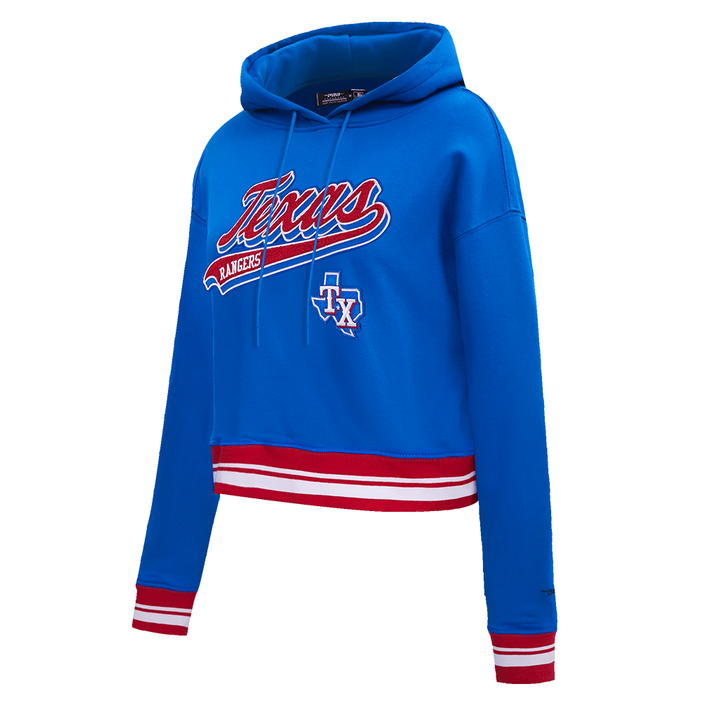 SUDADERA CORTA CON CAPUCHA DE FELPA ACANALADA PARA MUJER MLB TEXAS RANGERS SCRIPT TAIL (AZUL REAL/ROJO)