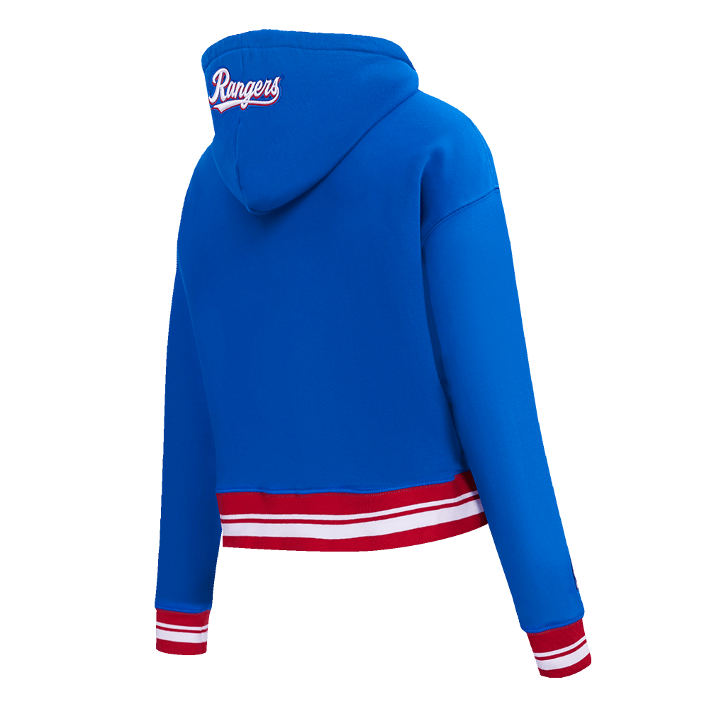 SUDADERA CORTA CON CAPUCHA DE FELPA ACANALADA PARA MUJER MLB TEXAS RANGERS SCRIPT TAIL (AZUL REAL/ROJO)