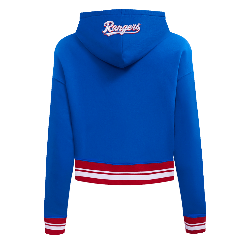 SUDADERA CORTA CON CAPUCHA DE FELPA ACANALADA PARA MUJER MLB TEXAS RANGERS SCRIPT TAIL (AZUL REAL/ROJO)