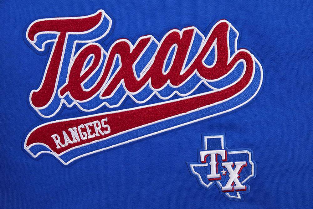 SUDADERA CORTA CON CAPUCHA DE FELPA ACANALADA PARA MUJER MLB TEXAS RANGERS SCRIPT TAIL (AZUL REAL/ROJO)