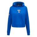 MLB TEXAS RANGERS SUDADERA CORTA CON CAPUCHA CLÁSICA PARA MUJER (AZUL REAL)