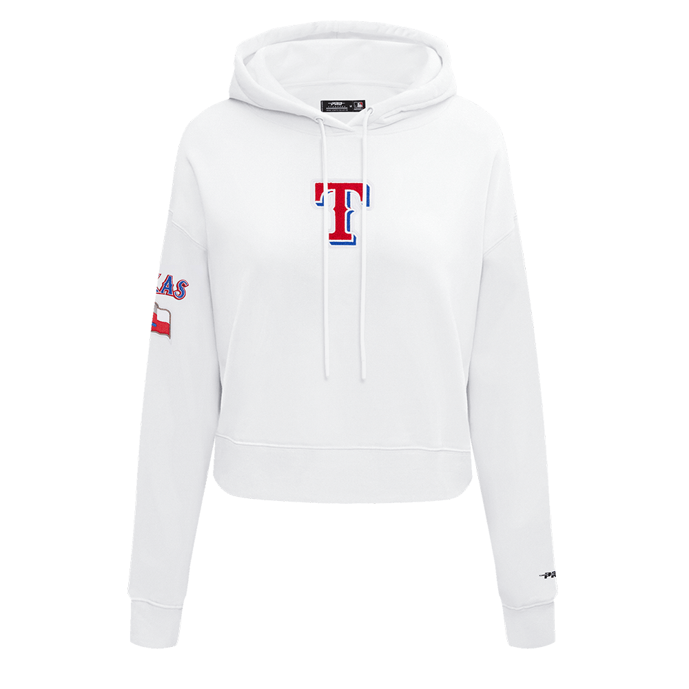 MLB TEXAS RANGERS SUDADERA CORTA DE FELPA CON CAPUCHA CLÁSICA PARA MUJER (BLANCO)