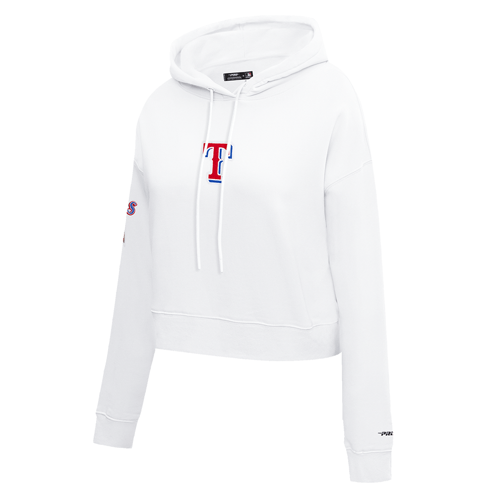 MLB TEXAS RANGERS SUDADERA CORTA DE FELPA CON CAPUCHA CLÁSICA PARA MUJER (BLANCO)