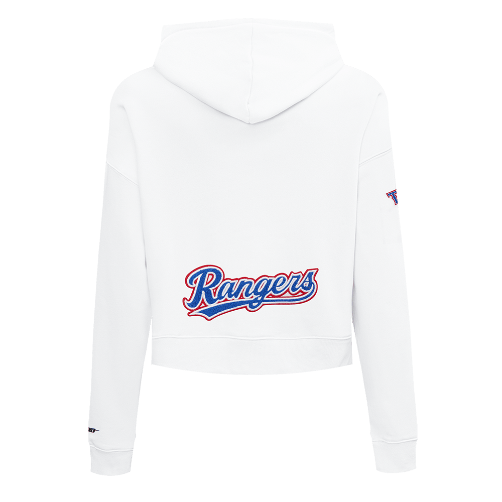 MLB TEXAS RANGERS SUDADERA CORTA DE FELPA CON CAPUCHA CLÁSICA PARA MUJER (BLANCO)