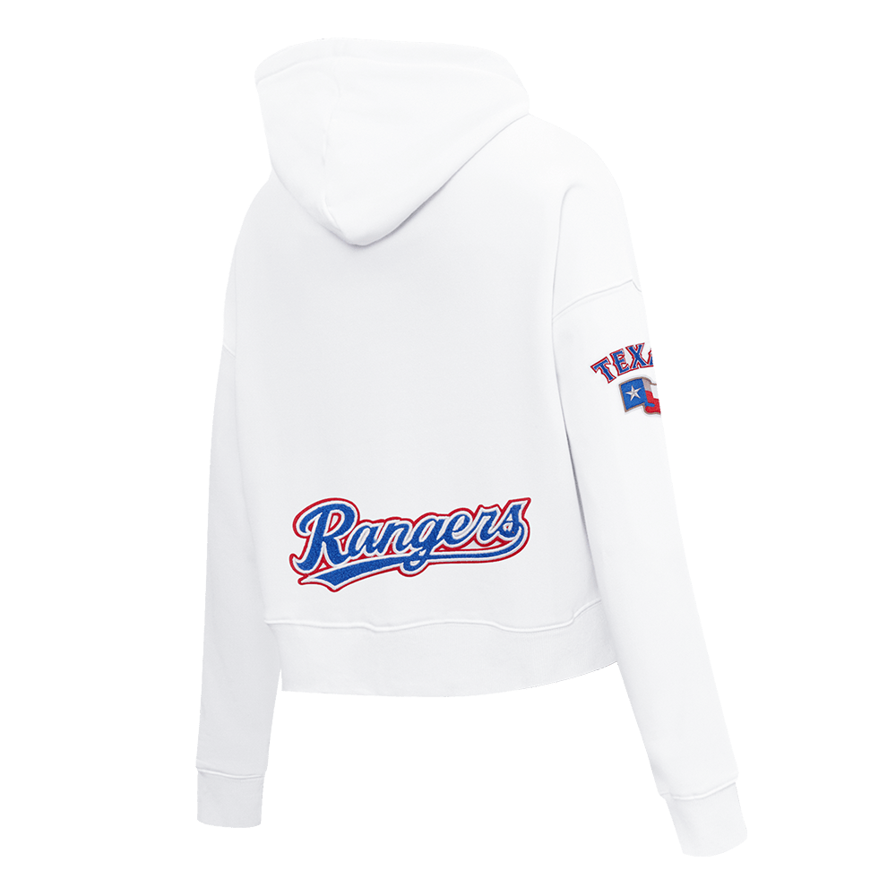 MLB TEXAS RANGERS SUDADERA CORTA DE FELPA CON CAPUCHA CLÁSICA PARA MUJER (BLANCO)
