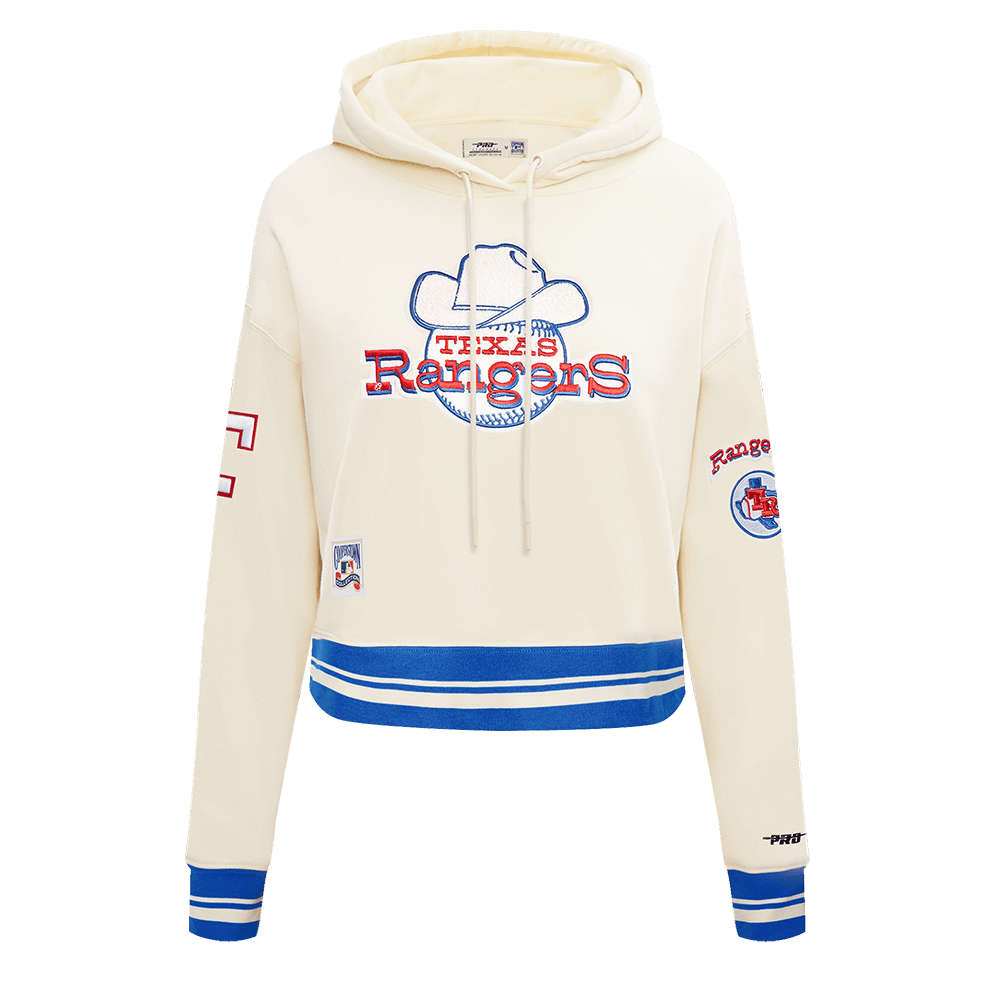 MLB TEXAS RANGERS RETRO CLASSIC WOMEN'S RIB CROPPED PULLOVER HOODIE (EGGSHELL/ROYAL BLUE)