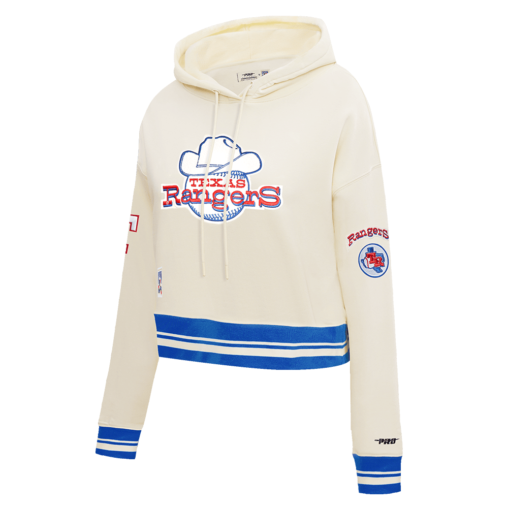 MLB TEXAS RANGERS RETRO CLASSIC WOMEN'S RIB CROPPED PULLOVER HOODIE (EGGSHELL/ROYAL BLUE)