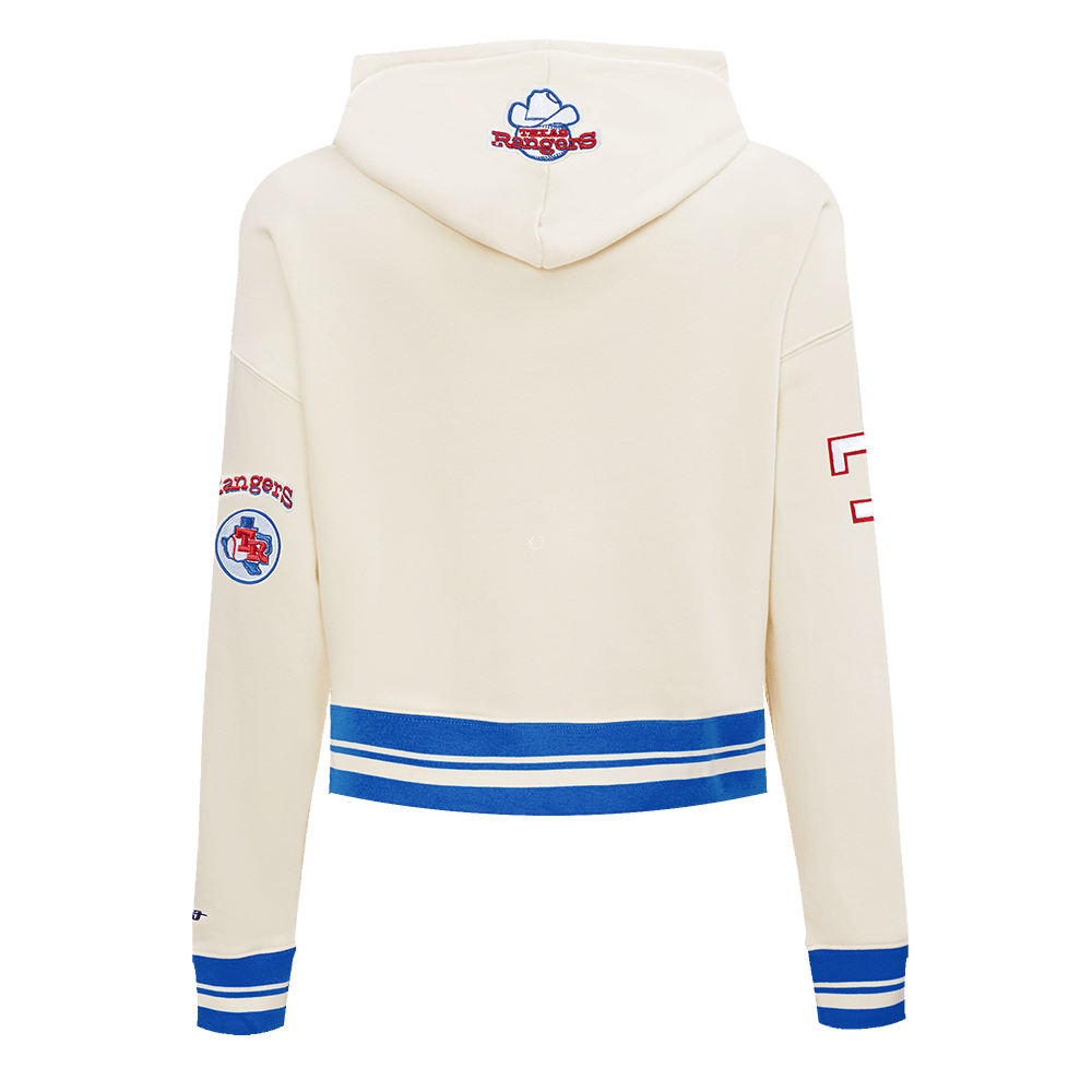 MLB TEXAS RANGERS RETRO CLASSIC WOMEN'S RIB CROPPED PULLOVER HOODIE (EGGSHELL/ROYAL BLUE)