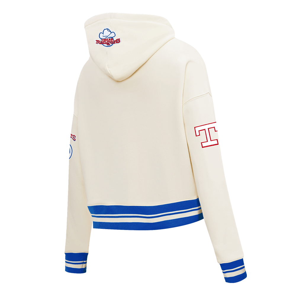 MLB TEXAS RANGERS RETRO CLASSIC WOMEN'S RIB CROPPED PULLOVER HOODIE (EGGSHELL/ROYAL BLUE)