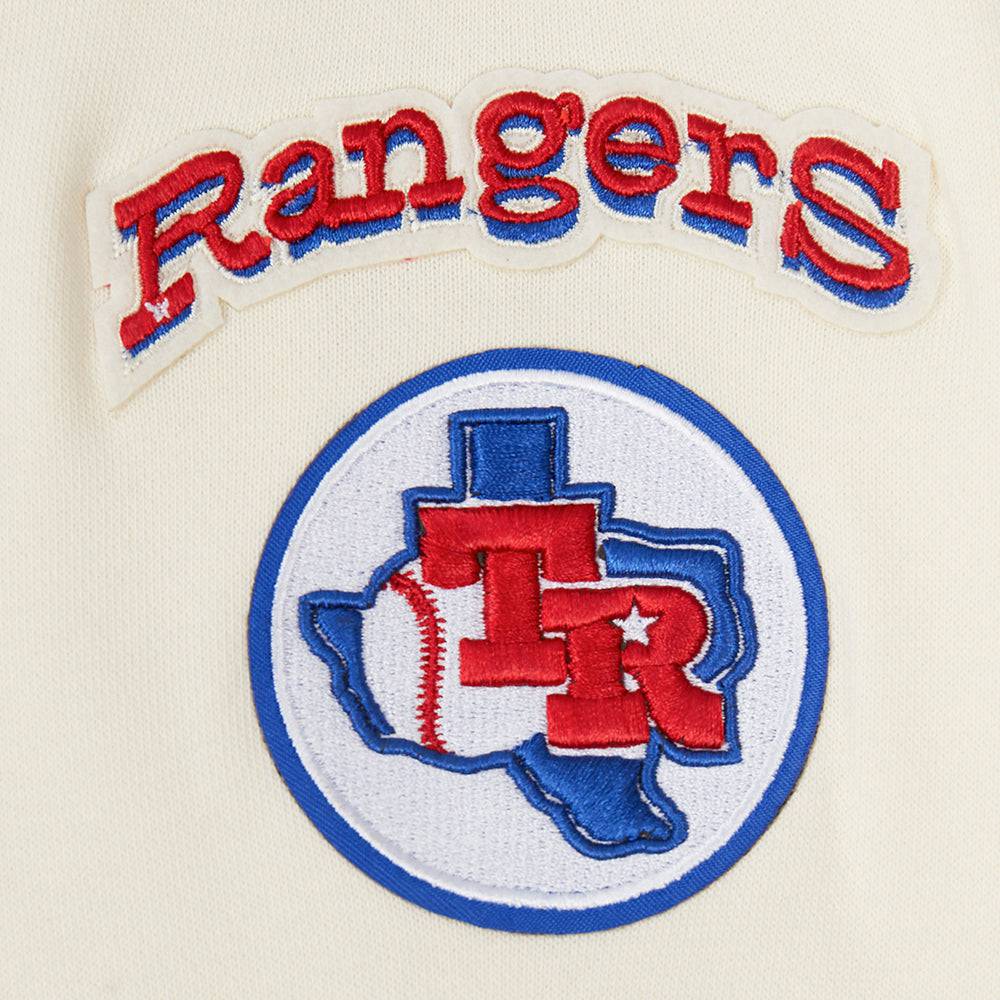 MLB TEXAS RANGERS RETRO CLASSIC WOMEN'S RIB CROPPED PULLOVER HOODIE (EGGSHELL/ROYAL BLUE)
