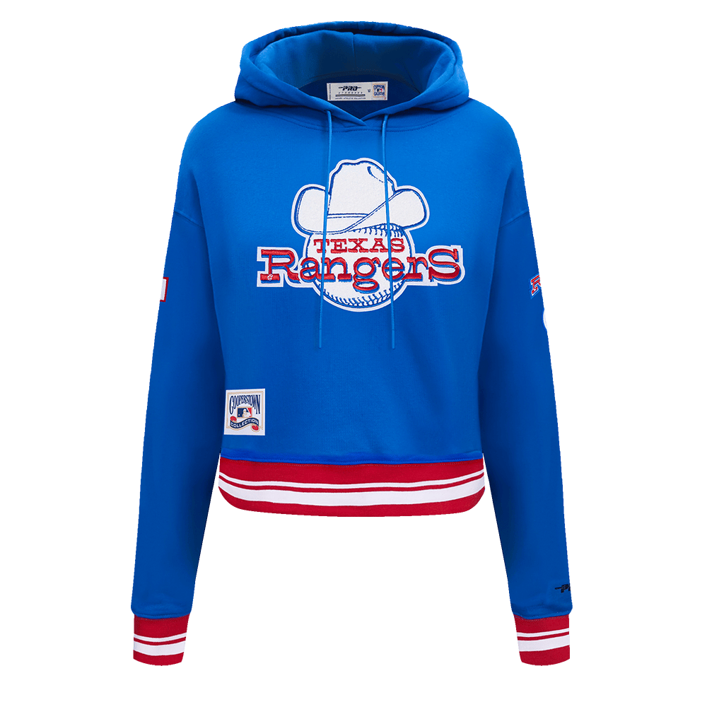 MLB TEXAS RANGERS RETRO CLASSIC WOMEN'S RIB CROPPED PULLOVER HOODIE (ROYAL BLUE/RED)