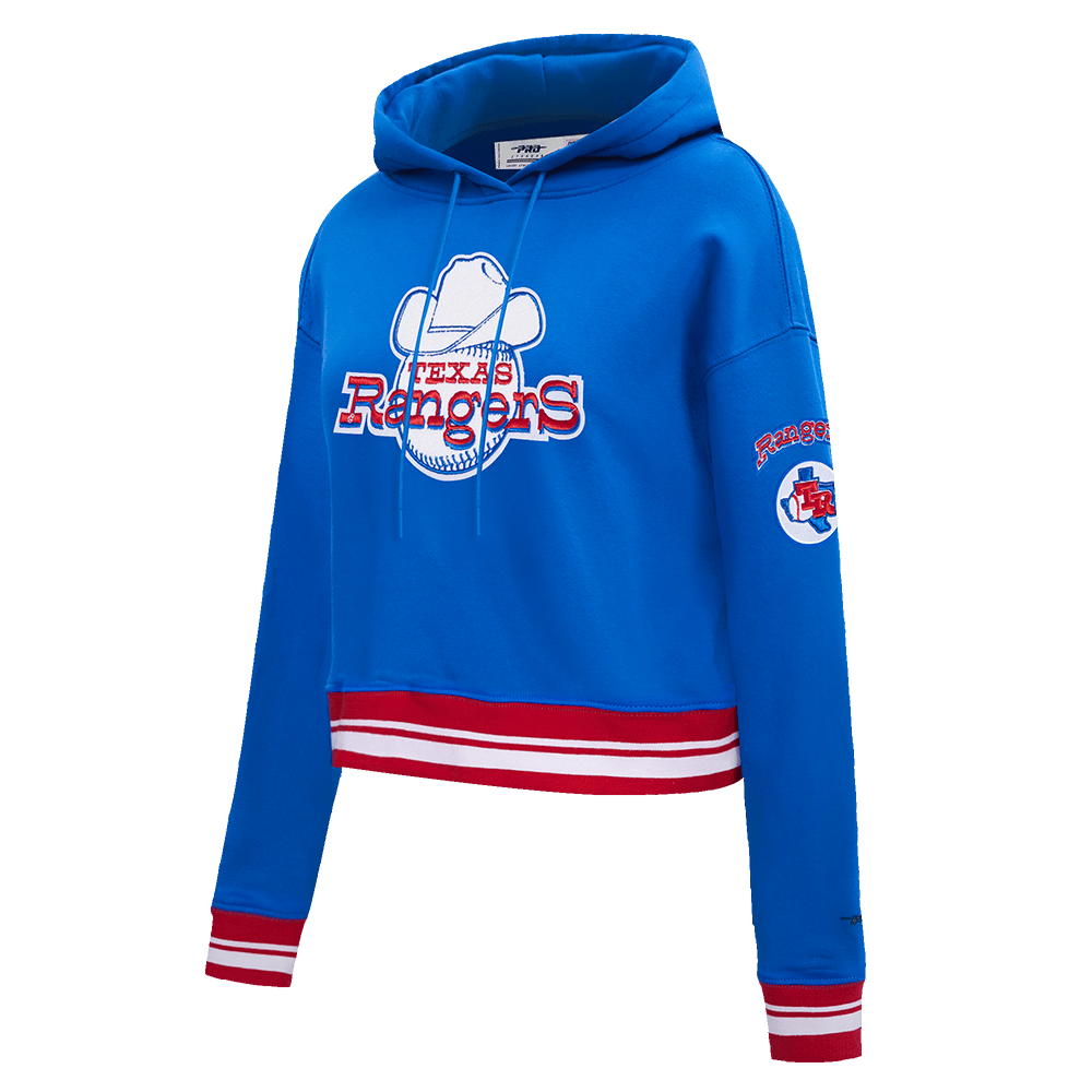 MLB TEXAS RANGERS RETRO CLASSIC WOMEN'S RIB CROPPED PULLOVER HOODIE (ROYAL BLUE/RED)