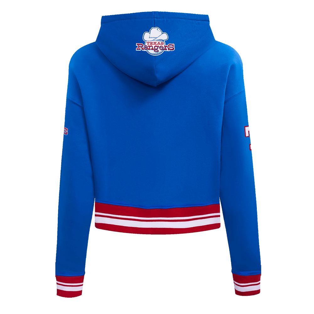 MLB TEXAS RANGERS RETRO CLASSIC WOMEN'S RIB CROPPED PULLOVER HOODIE (ROYAL BLUE/RED)