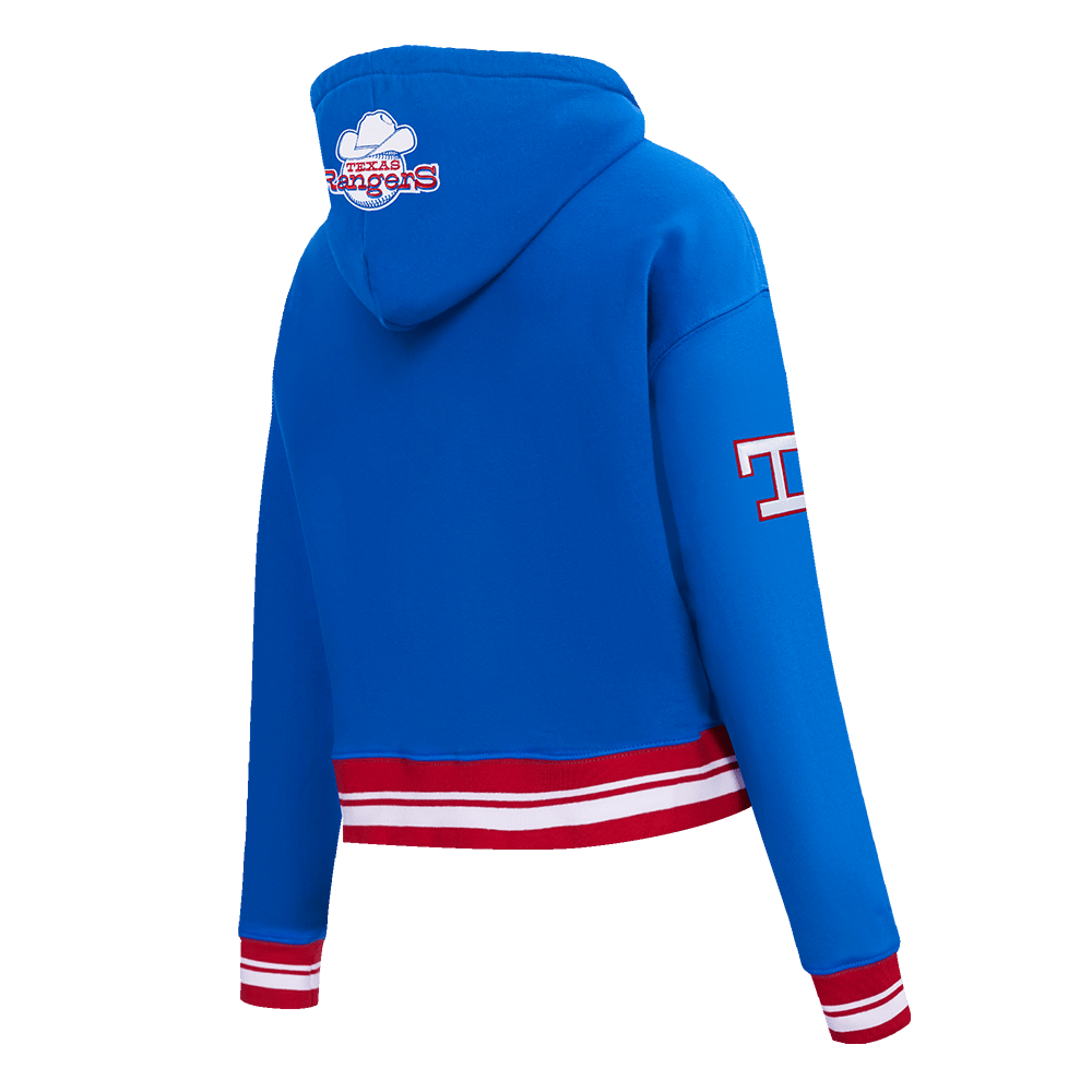 MLB TEXAS RANGERS RETRO CLASSIC WOMEN'S RIB CROPPED PULLOVER HOODIE (ROYAL BLUE/RED)