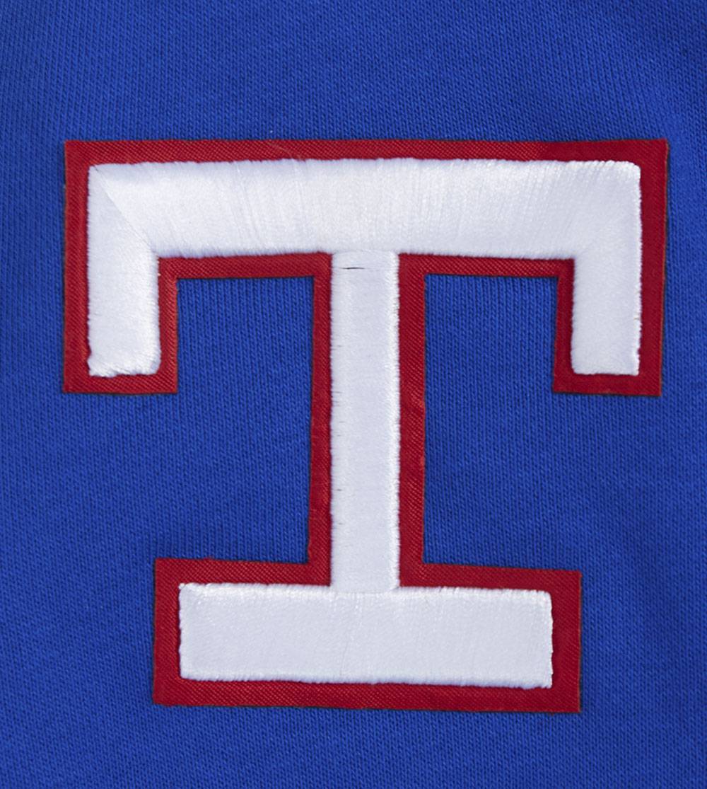 MLB TEXAS RANGERS RETRO CLASSIC WOMEN'S RIB CROPPED PULLOVER HOODIE (ROYAL BLUE/RED)