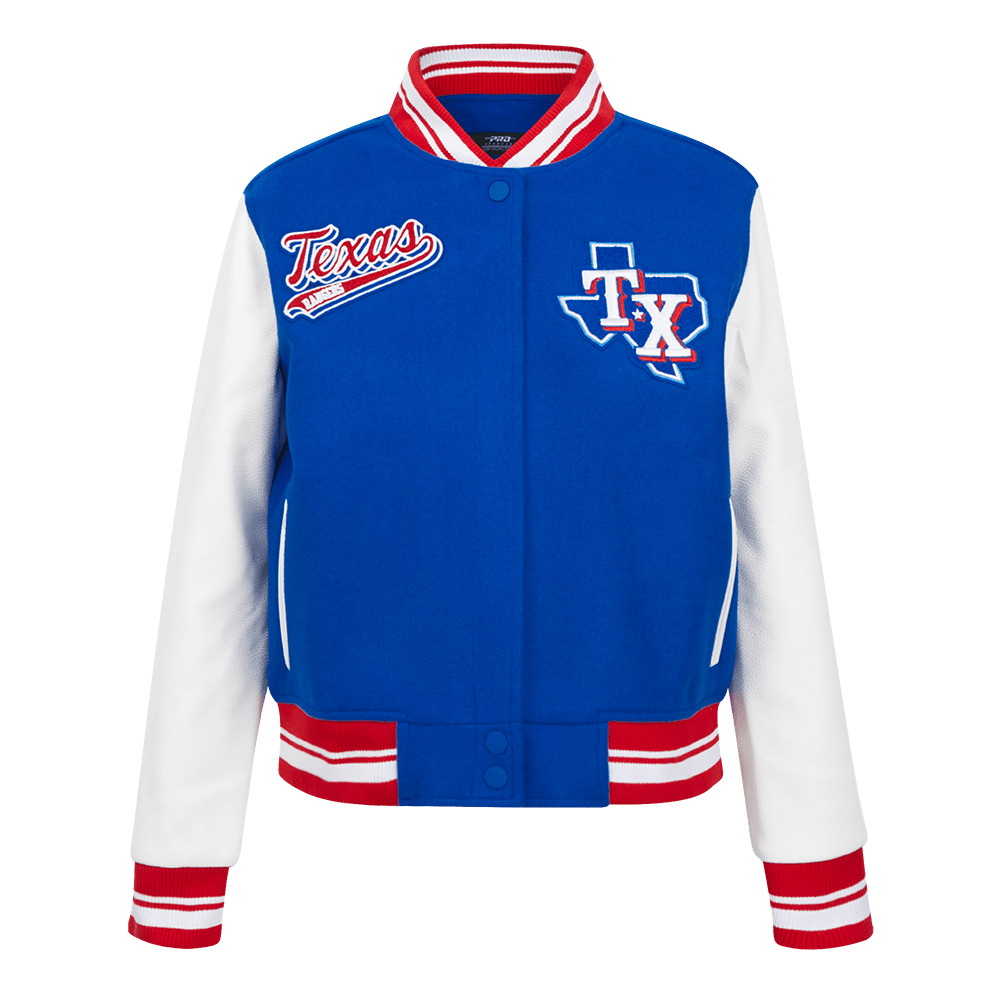 MLB TEXAS RANGERS SCRIPT TAIL WOMEN'S WOOL VARSITY JACKET (ROYAL BLUE/RED)
