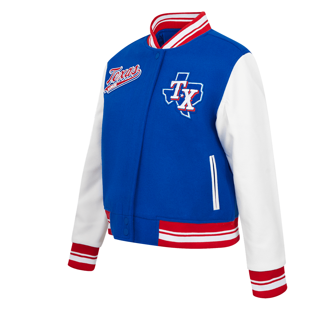 MLB TEXAS RANGERS SCRIPT TAIL WOMEN'S WOOL VARSITY JACKET (ROYAL BLUE/RED)