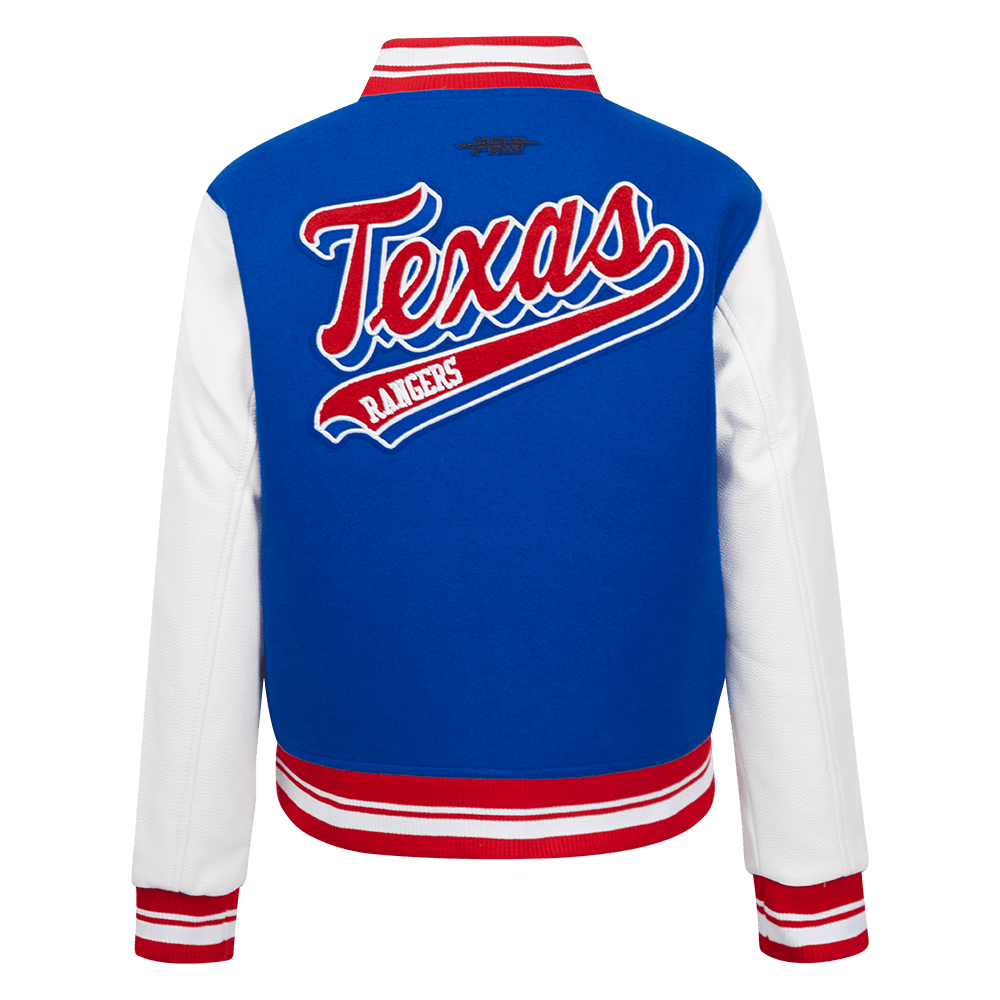 MLB TEXAS RANGERS SCRIPT TAIL WOMEN'S WOOL VARSITY JACKET (ROYAL BLUE/RED)