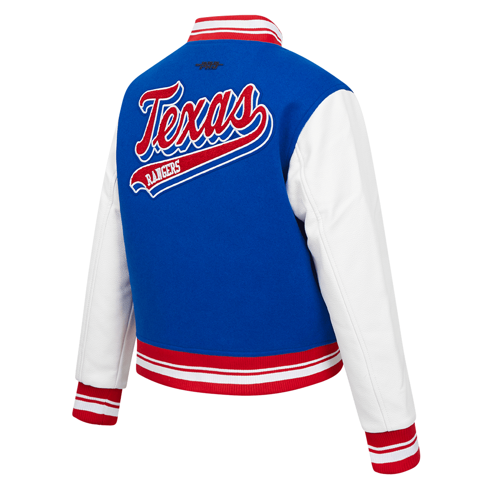 MLB TEXAS RANGERS SCRIPT TAIL WOMEN'S WOOL VARSITY JACKET (ROYAL BLUE/RED)