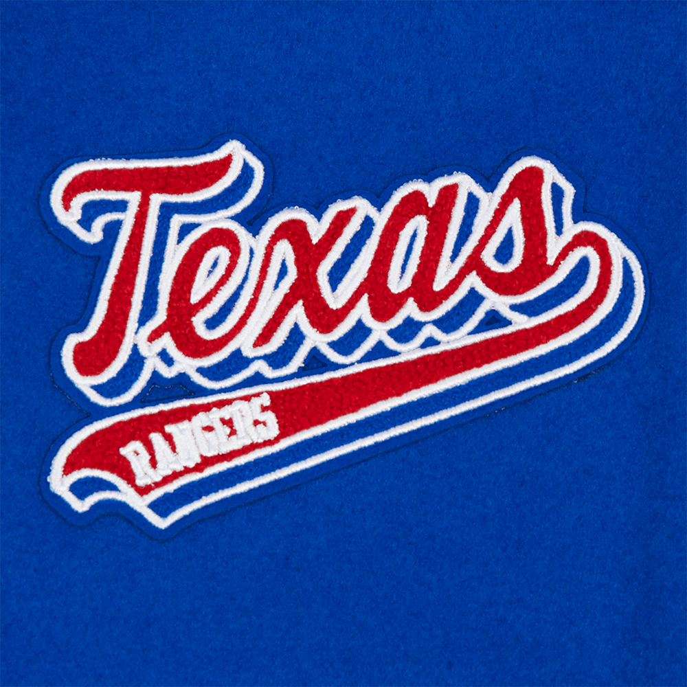 MLB TEXAS RANGERS SCRIPT TAIL WOMEN'S WOOL VARSITY JACKET (ROYAL BLUE/RED)