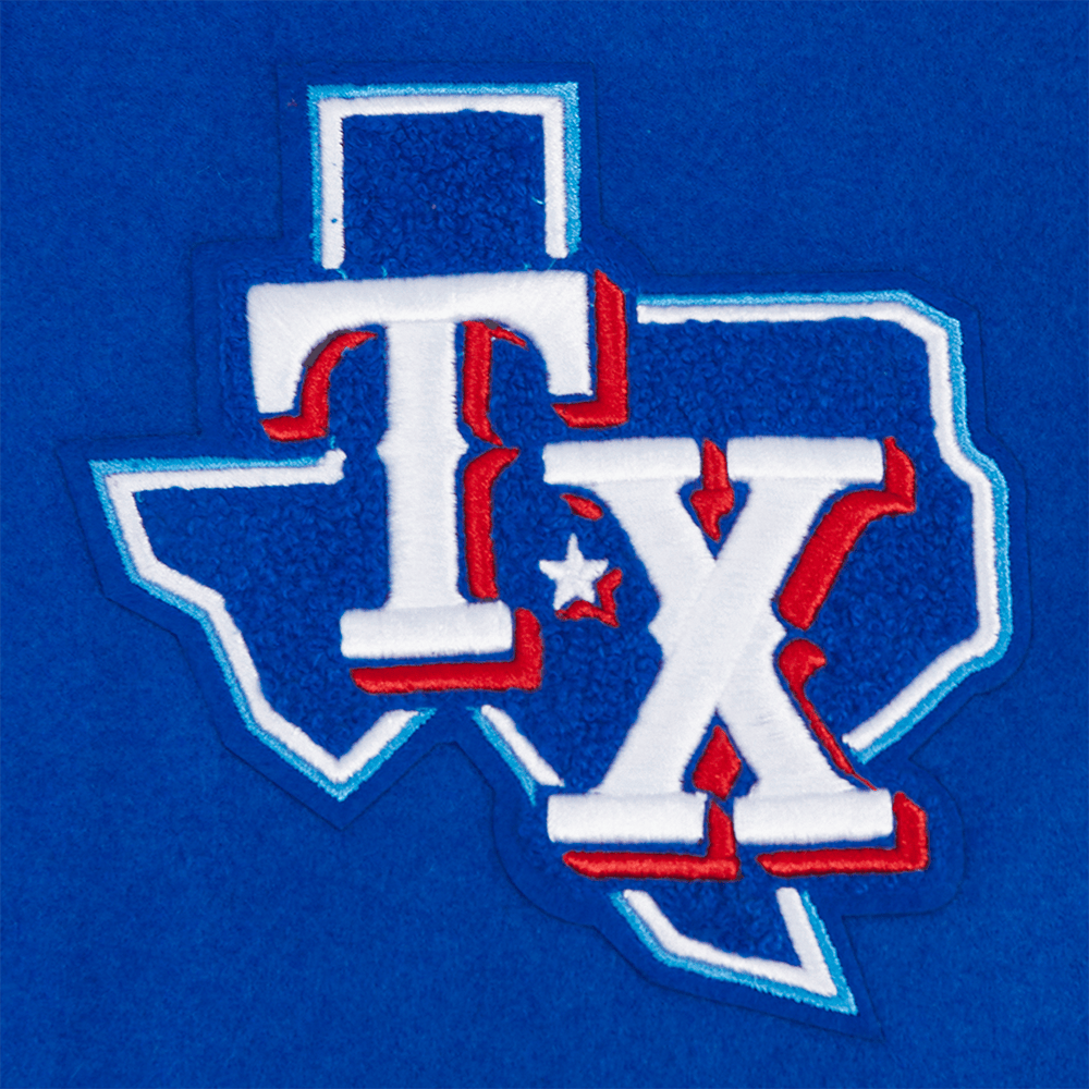MLB TEXAS RANGERS SCRIPT TAIL WOMEN'S WOOL VARSITY JACKET (ROYAL BLUE/RED)