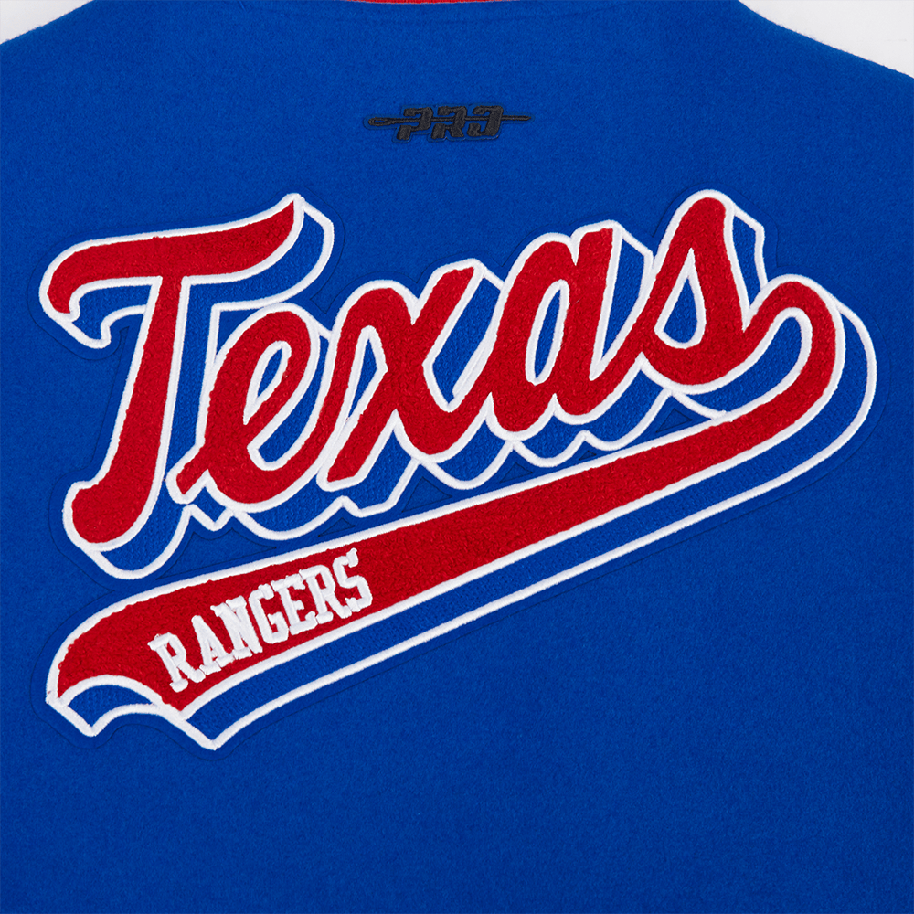 MLB TEXAS RANGERS SCRIPT TAIL WOMEN'S WOOL VARSITY JACKET (ROYAL BLUE/RED)
