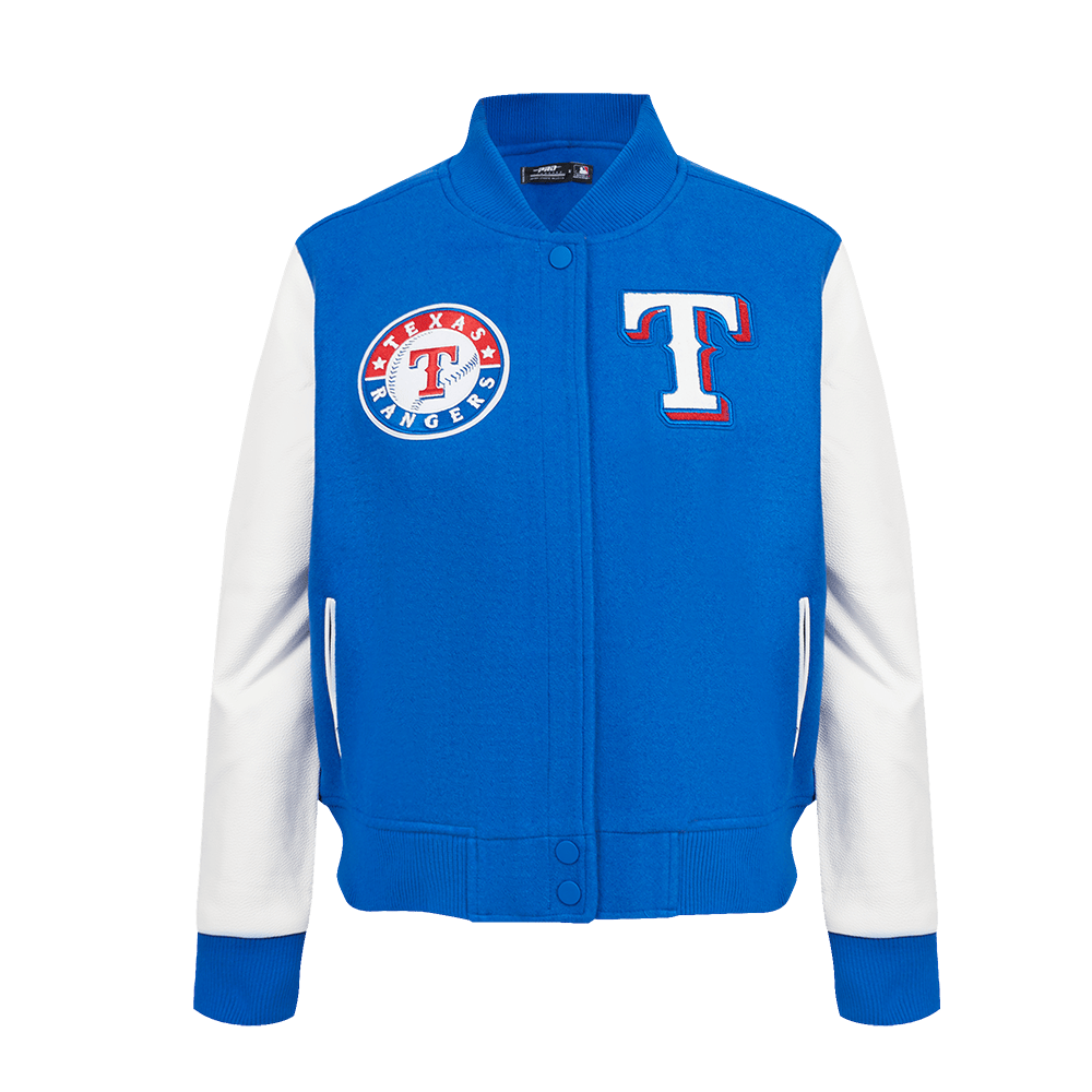 CHAQUETA UNIVERSITARIA CLÁSICA DE LANA PARA MUJER MLB TEXAS RANGERS (AZUL REAL/BLANCO)