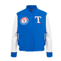 CHAQUETA UNIVERSITARIA CLÁSICA DE LANA PARA MUJER MLB TEXAS RANGERS (AZUL REAL/BLANCO)