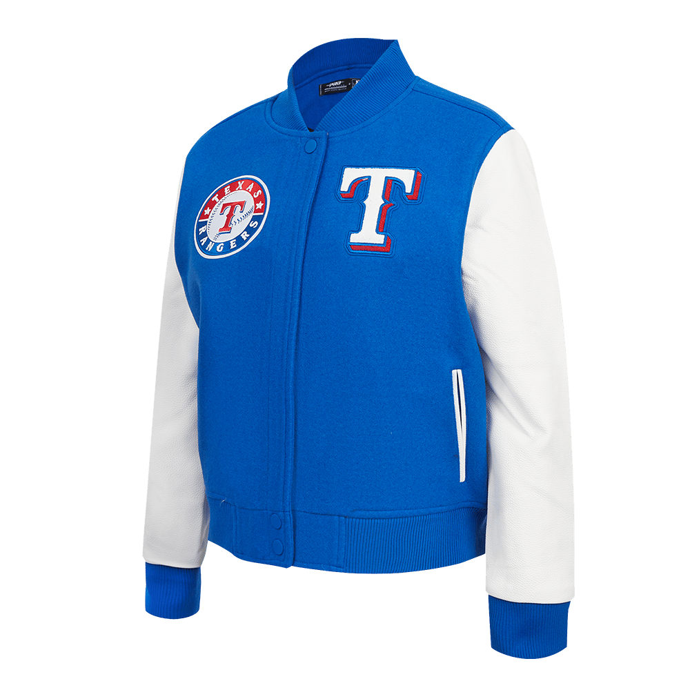 CHAQUETA UNIVERSITARIA CLÁSICA DE LANA PARA MUJER MLB TEXAS RANGERS (AZUL REAL/BLANCO)