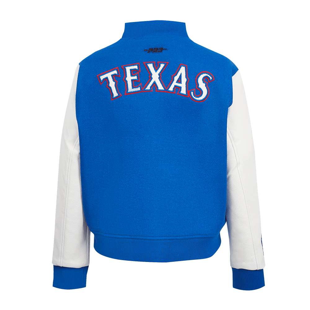 CHAQUETA UNIVERSITARIA CLÁSICA DE LANA PARA MUJER MLB TEXAS RANGERS (AZUL REAL/BLANCO)