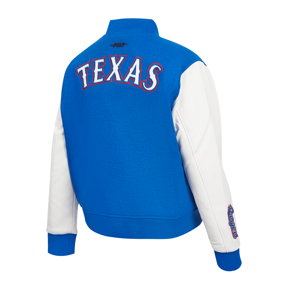 CHAQUETA UNIVERSITARIA CLÁSICA DE LANA PARA MUJER MLB TEXAS RANGERS (AZUL REAL/BLANCO)